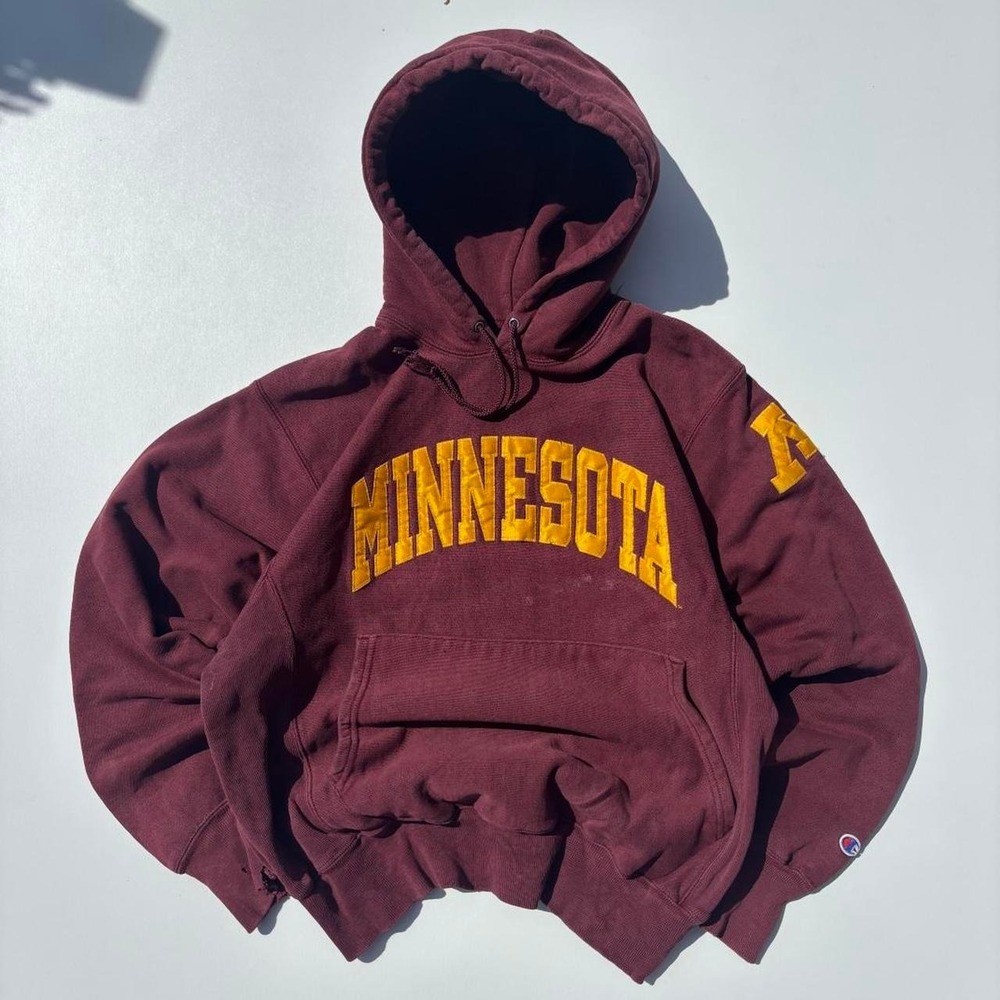Vintage Champion Minnesota Gophers Hoodie with yellow text 'MINNESOTA' - S